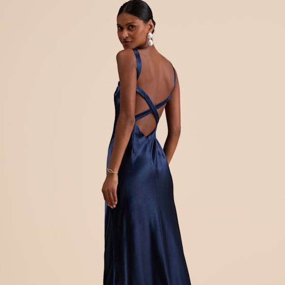 Lulus Perfectly Classy Navy Satin Strappy Maxi Dress Blue - Size M - Picture 1 of 1